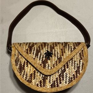 Woven Straw Shoulder Bag with Brown Accents
